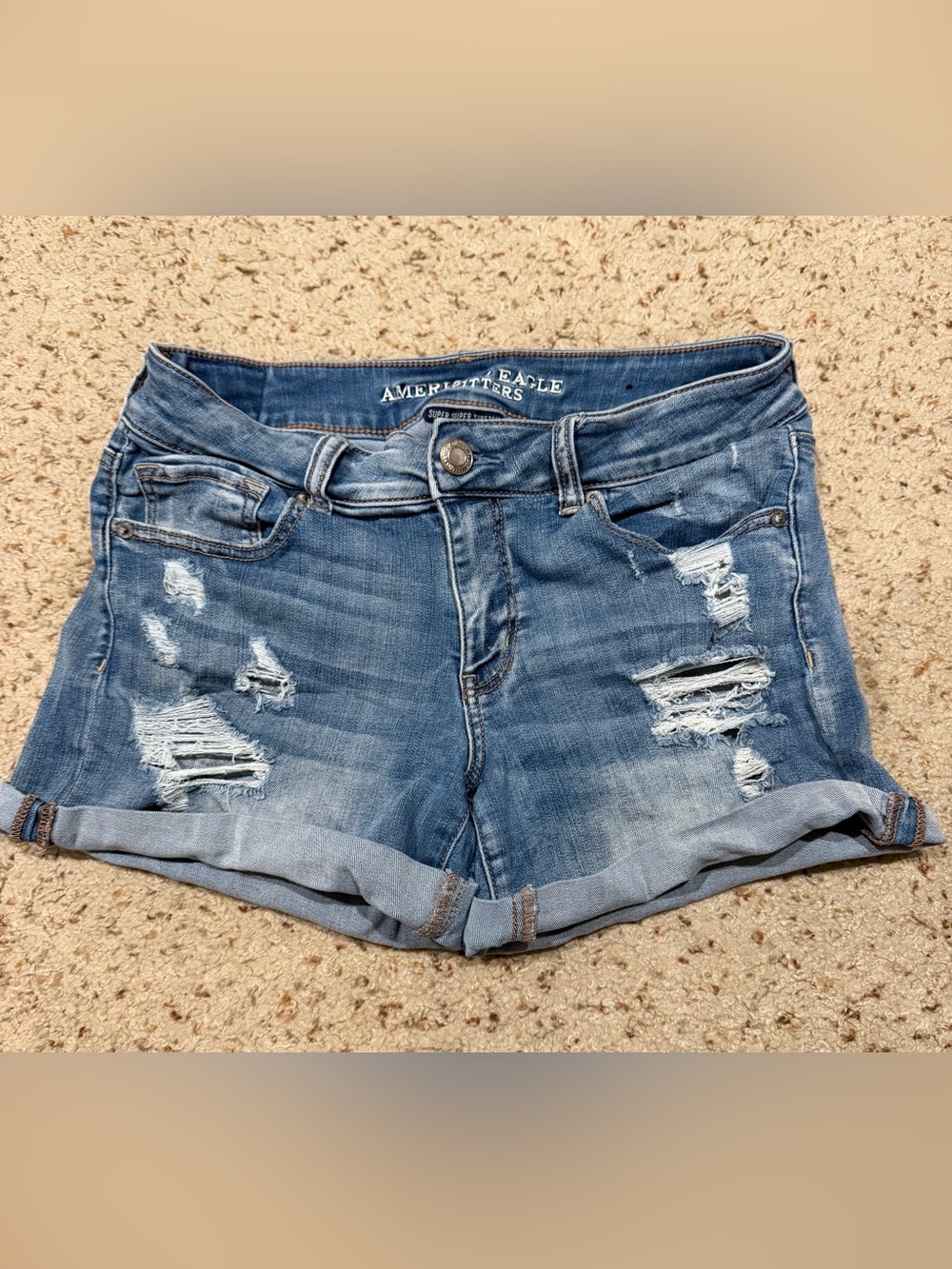 AE distressed, cuffed super super stretch midi shorts, 10